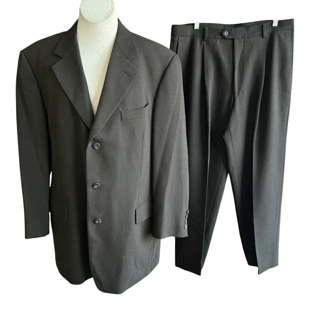 Expert by Evergreen Brown Twill Wool Suit 3 Button Blazer Pleated Pants 42/36